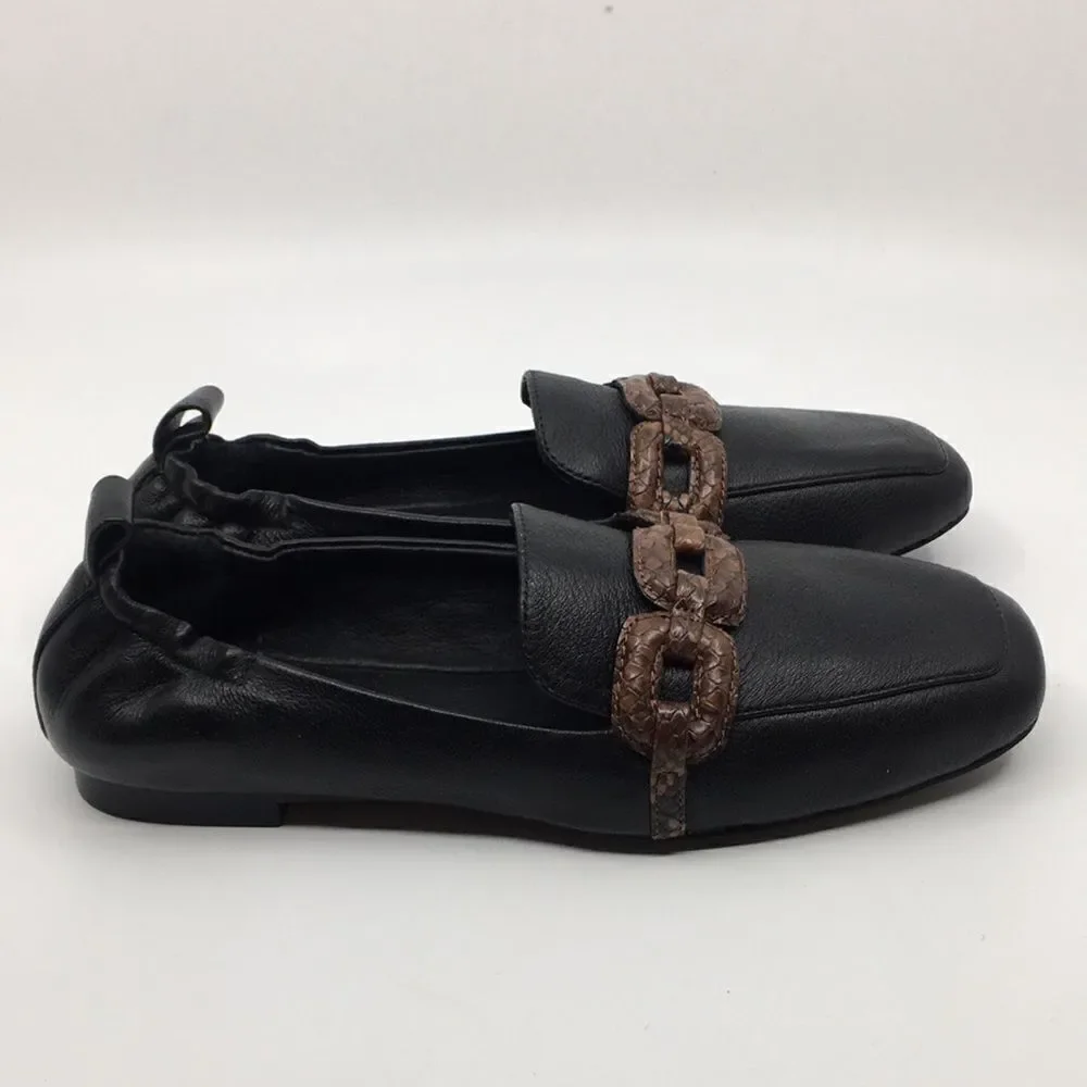 Sanctuary Blast Chain Leather Loafer Flats Sz 6 Black Pebble Brown Snakeskin